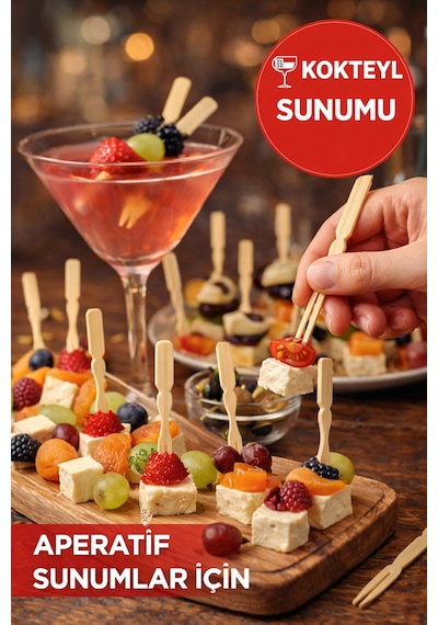 100 Adet Bambu Çatallı Kürdan 9 Cm Kokteyl Kürdanı Aperatif Sunum Kürdanı Mini Burger Kürdanı