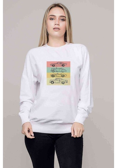 Eski Araba Nostalji Baskılı Beyaz Kadın Sweatshirt