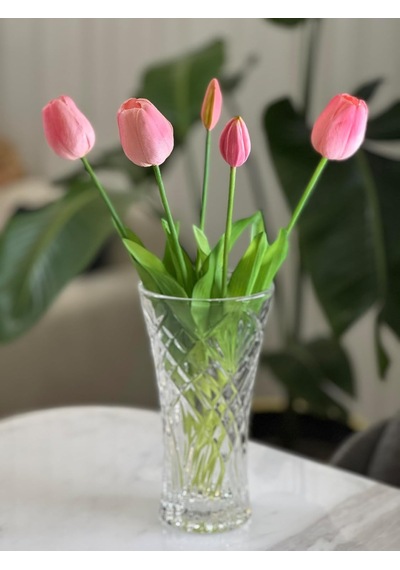 Yapay Lale Premium Islak Dokulu, Pembe, 42 Cm, 5 Kafa, Tek Demet, İç Mekan Dekorasyonu Çok Renkli