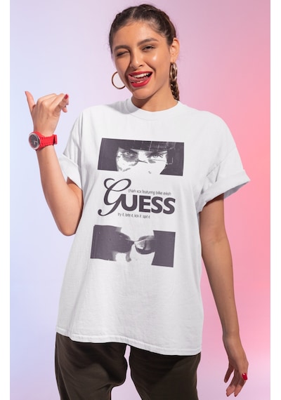 Sevbano Billie Eilish Guess Baskılı Unisex Oversize Şarkıcı Tişört Beyaz
