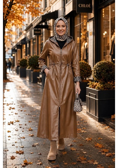 Hb Harma Time Butik Kadın Fermuarlı Kapüşonlu İçi Şardonlu Taba Deri Kap