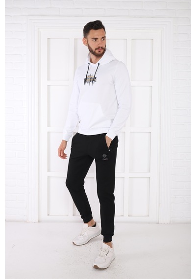Escetic Spor Erkek Beyaz Cepli, Kapüşonlu Sweatshirt-4163