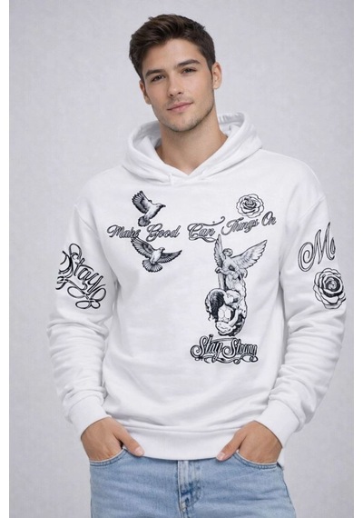 Erkek 3 İplik Pamuklu Kapüşonlu Baskılı Sweatshirt Hoodie - Beyaz