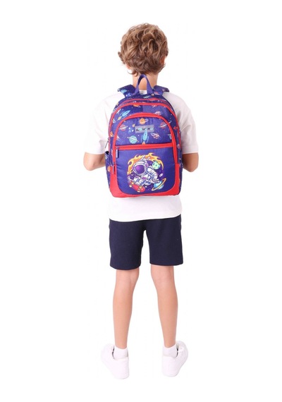 Kauıkko Kids Lacivert Kırmızı Astronot Baskılı Erkek Çocuk Okul Çantası - L5267 - Dört Gözlü Lacivert - Kırmızı