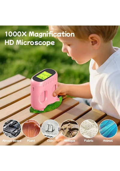387 Pembe 2'si 1 Arada Dijital Çocuk Mikroskobu & Dürbün - 1000x Büyütme, 1000 Metre Menzil, 2 Mp Full Hd Ekranlı Eğitici Bilim Kiti