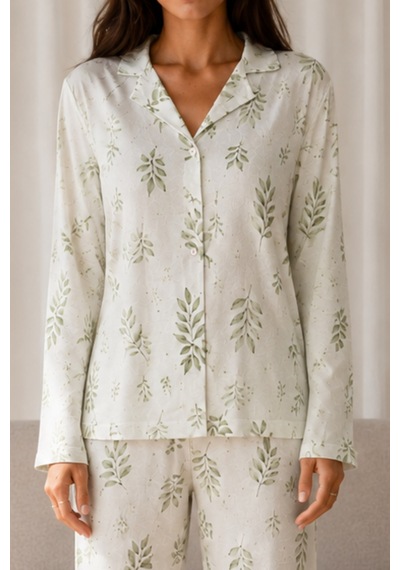 Kadın Desenli Basic Kış Çağla Yeşili Pijama Takımı