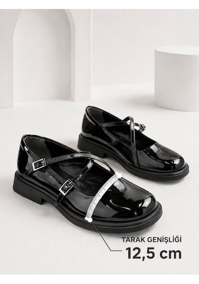 Dabab Shoes Marsel Kadın Siyah Rugan Çapraz Bantlı Tokalı 2 Cm Kalın Taban Mary Jane Ayakkabı