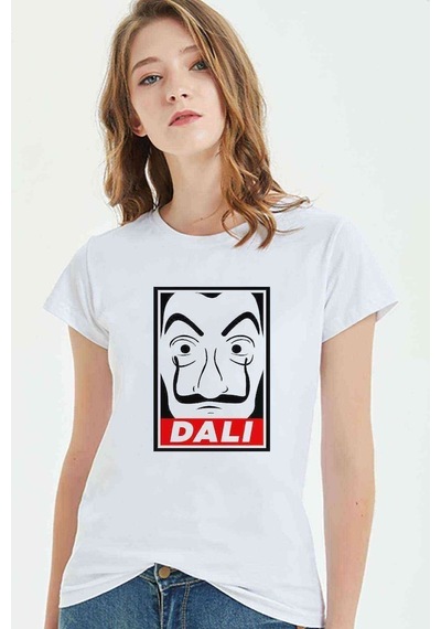 La Case De Papel Salvador Dali Baskılı Beyaz Kadın Tshirt