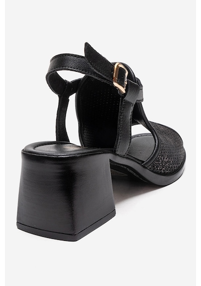 Luvishoes Janelle Siyah Simli Hakiki Deri Kadın Kalın Topuklu Sandalet
