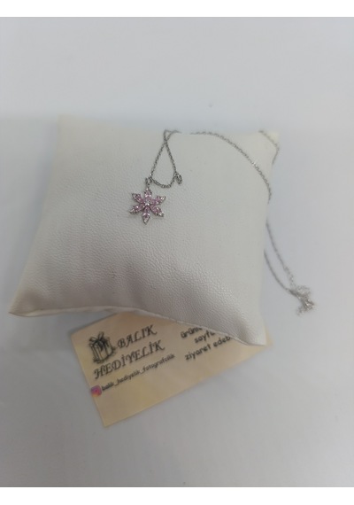 925 Ayar Gümüş Kolye Hediye Kutulu Pembe Taşlı Lotus Çiçeği Modeli -1016 Pembe