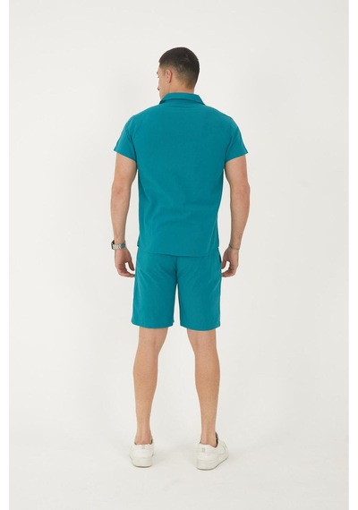 Mfz Giyim Keten Petrol Mavi Renk Slim Fit Erkek Şort - Gömlek Alt Üst Takım