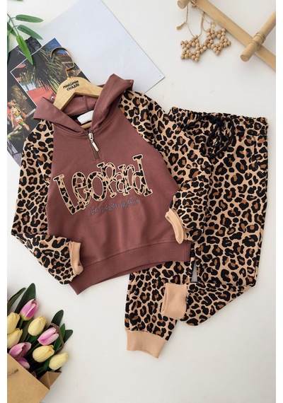 Miniğimin Cicileri Leopard Kapüşonlu Kız Çocuk Leopar Eşofman... Kahverengi