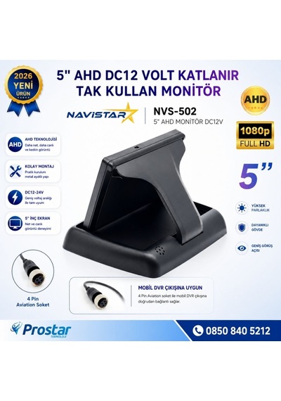 5 İnç Ahd Katlanabilir Araç Monitörü - 1080p, Mobil Dvr Uyumlu 4-pin, Dc12-24v