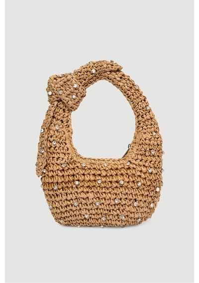 Matthew Cox Taşlı Portföy Clutch Fermuarlı Astarlı Örgü Hasır Yazlık Tatil El Çantası Camel