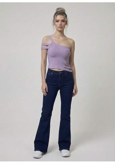 Neden Tekstil Asimetrik Tek Omuz Triko Crop Bluz - Lila