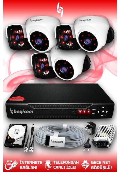 Bayicam 6 Kameralı Panda 3 İç Kamera Set 100 GB HDD Full HD Gece Görüşlü Güvenlik Kamerası Sistemi