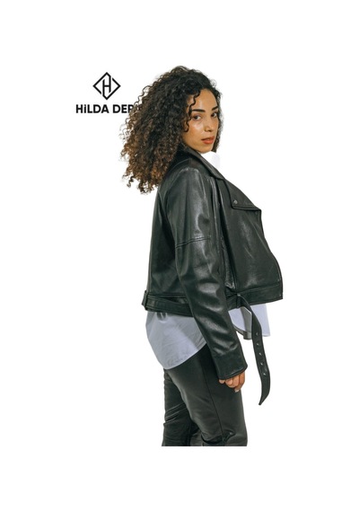 Hilda Deri Emery Biker Tarzı Siyah Oversize Hakiki Kuzu Derisi Kadın Ceket 001