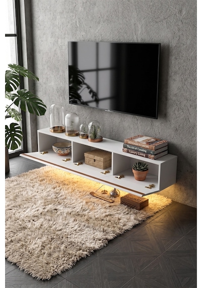 Pureline Tech Led Işıklı Tv Ünitesi 180 Cm - Modern Tv Sehpası - Beyaz Çam
