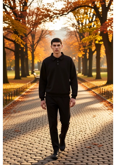 Benerly Erkek Polo Yaka Standart Kol Oversize Kalıp Sweatshirt Fonksiyone siyah