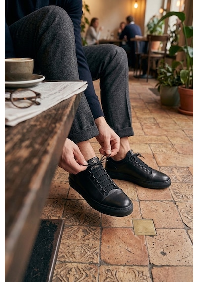 Muggo Dusk Hakiki Deri Erkek Kalın Taban Bağcıklı Günlük Casual Sneaker Siyah