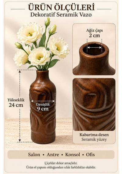 Dekoratif Seramik Vazo 24 Cm Kahverengi Dokulu Silindir Masaüstü Aksesuarı