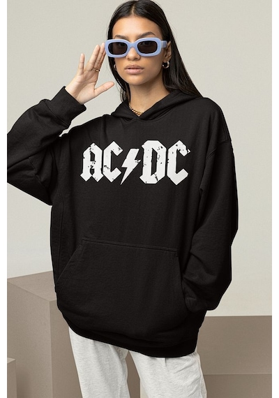 Sevbano Rock Metal Müzik Grubu Baskılı Unisex Oversize Ac Dc Hoodie Siyah