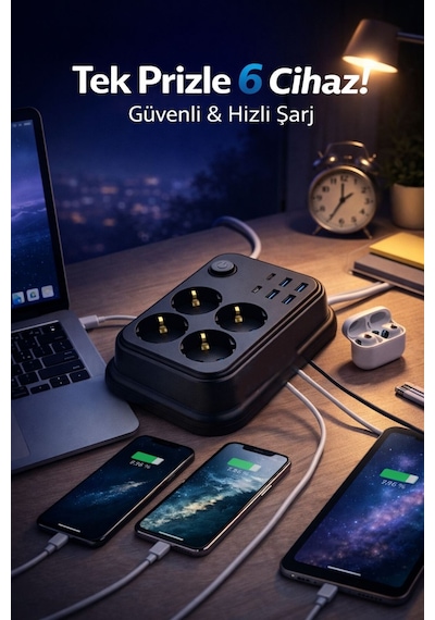 Akım Korumalı 4 Lü Priz 2x Usb-c 4x Usb-a Şarj 2m Kablo Uzatma Çocuk Korumalı Çoklu Priz 2 M