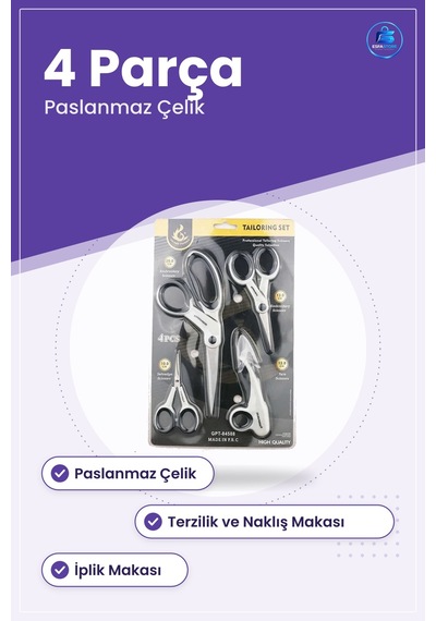Makas Seti 4 Parça Paslanmaz Çelik Terzilik Dikiş Nakış Kumaş İpl