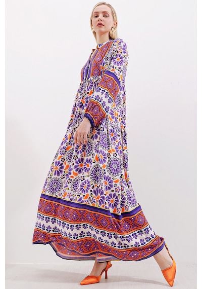 Bigdart 2423 Otantik Desenli Elbise - Mor 001