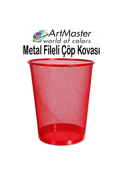 Kırmızı Çöp Kovası Paslanmaz Çelik Fileli 1 Adet Ofis Büro Okul Çöp Kovası Metal Delikli Kolay Kullanım Kırmızı