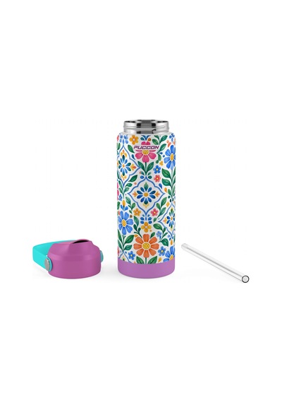 Puccon 540 Ml Çiçek Desenli Yeşil - Mor Kız Çocuk Pipetli Çelik Termos Matara/suluk - 60065