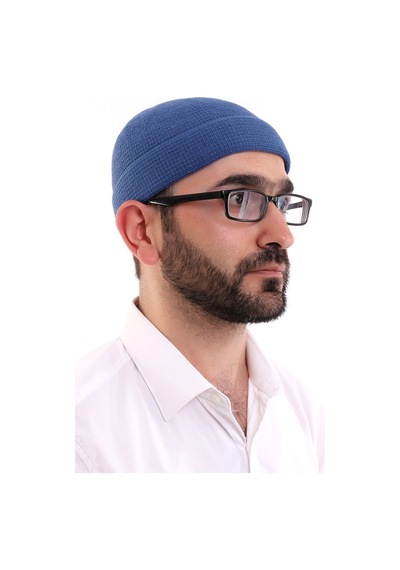 Kışlık Kadife Takke Katlamalı Düz Desen - Mavi