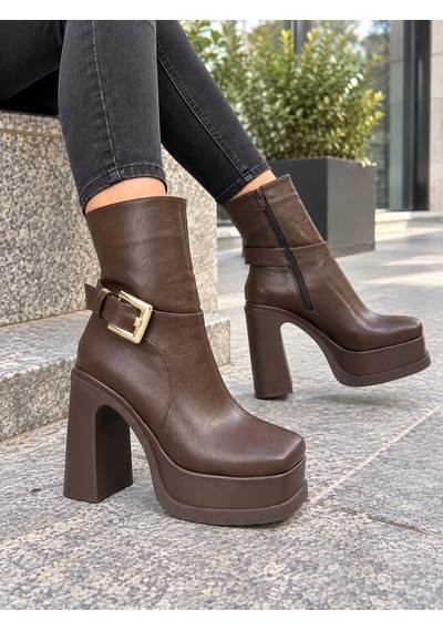 Asmi Shoes Kadın Dona Kahverengi Tokalı 12 Cm Platform Topuklu Bot 2030