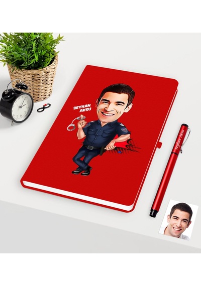 Kişiye Özel Bay Polis Karikatürlü Kırmızı Defter Kalem Seti - 2 Kırmızı