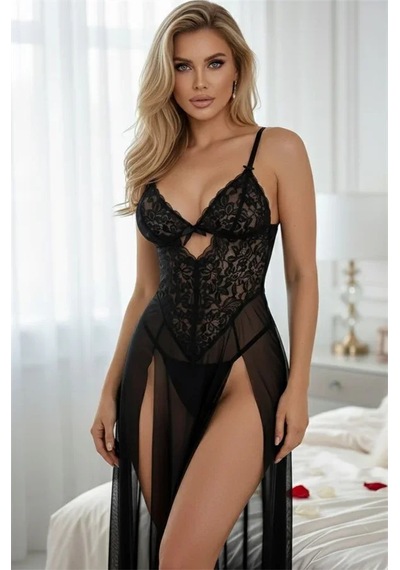 Ang Butik Kadın Dantel İşlemeli Yırtmaçlı Siyah Tül Gecelik