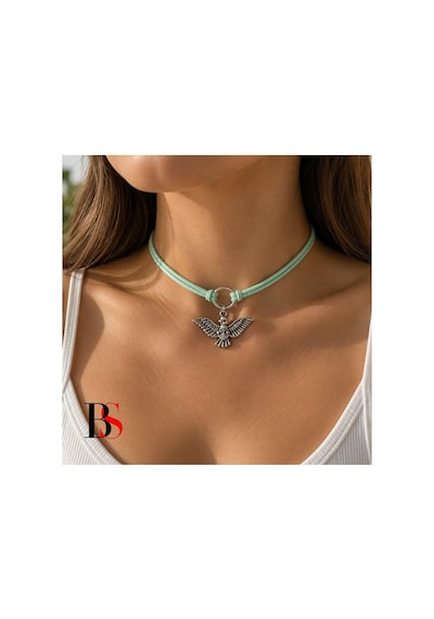 Su Yeşili Süet İp - Albatros Kuşu Kadın Choker Renkli