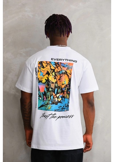 Barlashive Erkek Bisiklet Yaka Baskılı Oversize T-shirt - Beyaz Çok Renkli