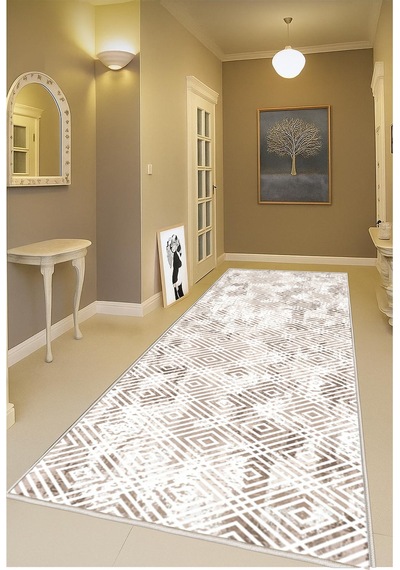 STY Home Krem Dijital Baskı Salon Halısı Kaymaz Tabanlı Yıkanabilir Halı Yolluk 523 Krem
