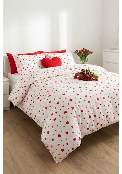 %100 Pamuk Kırmızı Kalpli Poplin Kumaş En: 240 Cm Nevresim, Çarşaf, Yastık Kılıfı, Elbise Ve Çanta
