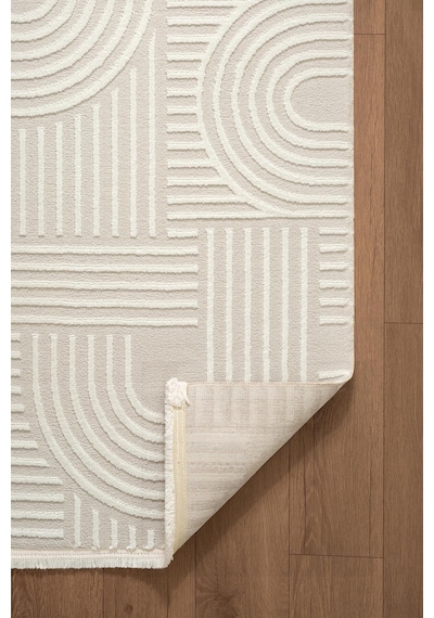 Cotto Motto Tt002w Krem Halı Modern Geometrik Çizgili Pamuk Taban Yıkanabilir Salon Mutfak Halısı