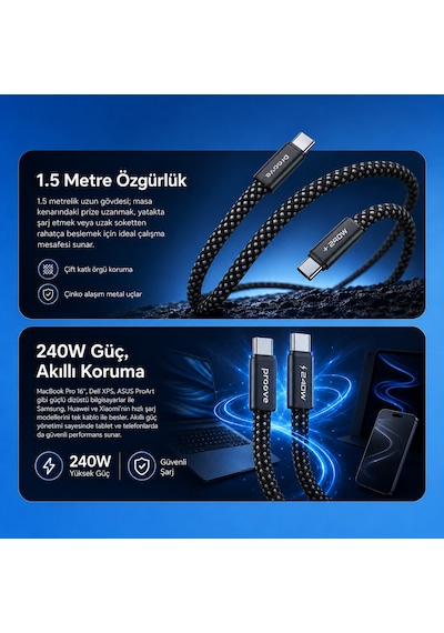 Proove Airline Type-c To Type-c 240w Ultra Hızlı Şarj Ve Veri Kablosu 1.5m Apple MacBook Laptop Uyumlu