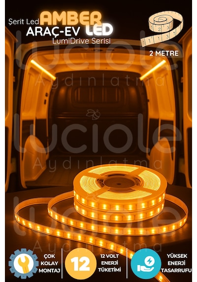 Lumidrive 2m Amber 12v Led Şerit Turuncu Araç İçi Dekor Işığı, Kablolu, Kesilebilir, Yapışkanlı