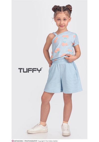 Kıpırık Baby 2'li Kız Çocuk Mavi Kiraz Desenli Şortlu Takım-1197 Mavi