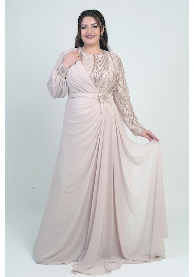 By Saygı Kadın Üstü Pul-boncuk İşlemeli Astarlı Beli Çiçekli Büyük Beden Uzun Şifon Elbise Altın By Saygı Kadın Üstü Pul-boncuk İşlemeli Astarlı Beli Çiçekli Büyük Beden Uzun Şifon Elbise Altın