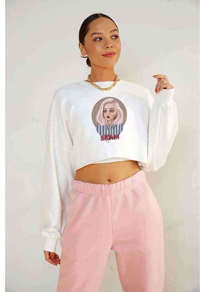 Skam Noora Baskılı Crop Kadın Beyaz Sweatshirt (534803449)