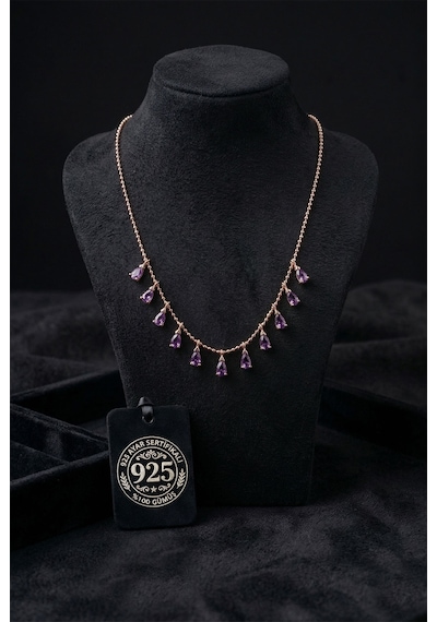 925 Ayar Ametist Taşlı Rose Shakira Damla Gümüş Kolye Rzn10206