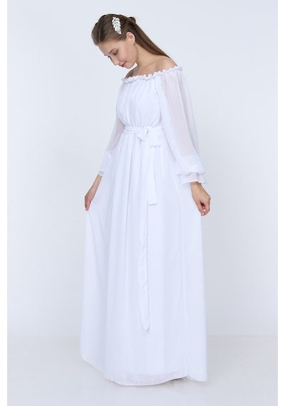 Moda Labio Modalabio - Dökümlü Kol Beyaz Elbise