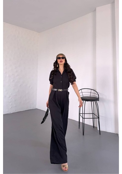 Neşeli Butik Kadın Gömlek Yaka Kemerli Geniş Paça Tulum Nbk4197 Siyah