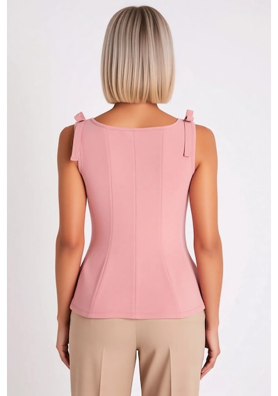 Benerly Kadın Bluz Bisiklet Yaka Kolsuz Örme Peplum Kesim Omuz Fiyonk Det Pembe