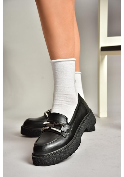 Fox Shoes T996198409 Siyah Kalın Tabanlı Makosen Kadın Ayakkabı Siyah-suni Deri Siyah